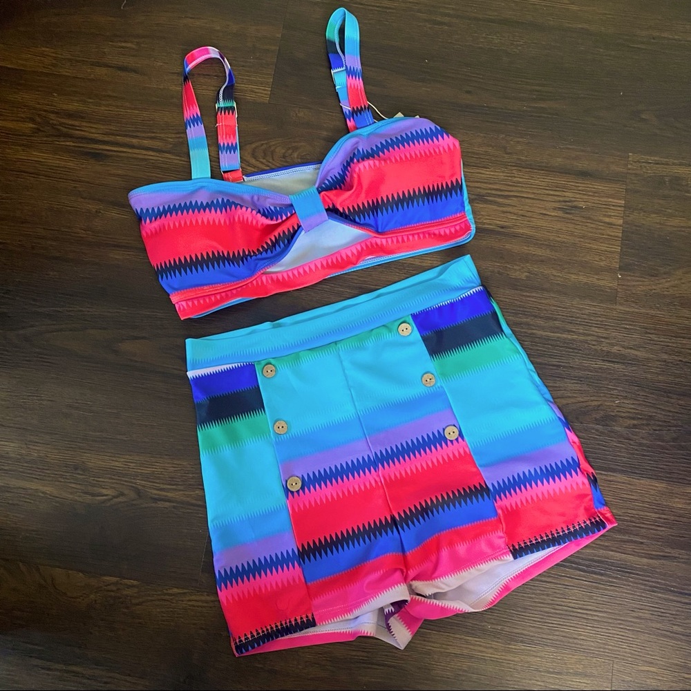 Retro Multicolor Gradient Print Hollow Out Short Pants Swimsuit -Medium